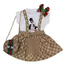 Conjunto Jardineira Infantil Inspiração Grife Vestido - 4pçs