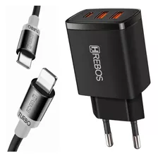 Carregador Triplo P/ iPhone Turbo 40w + Cabo Usb C Lightning