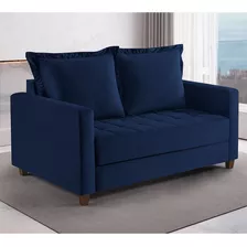 Sofa Cama Frisa Colchao Casal Pes De Madeira Talento Móveis Cor Azul Com Castanho