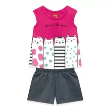 Conjunto Kyly Infantil Menina Short Blusa Verão Gatinh 1 A 8