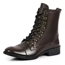 Bota Coturno Couro Feminina Bico Redondo Zíper Lisa Casual