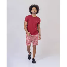 Short Moletom Masculino Estampado Listrado Vermelho