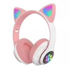 Fone De Ouvido Headphone Gato Gamer Bluetooth Led Colorido Cor Branco Com Rosa