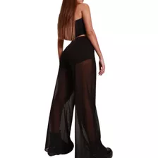 Calça Pantalona Tule Cintura Alta Transparente Verão Praia 