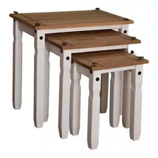 Mesa Ratona Nido Set De 3 - Madera Maciza Linea Mexicana Color Blanco/rústico