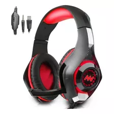Auriculares Gamer Newvision Nw400 Con Luz Led Negro Y Rojo