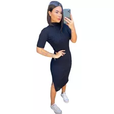 Vestido Mid Com Fenda Malha Modal Canelada Moda Evangélica