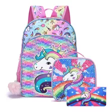 Mochila Juvenil Mermaid Unicorn, Lancheira E Estojo Para Cri