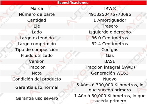 1 - Amortiguador Gas Tras Izq/der Trw Ml430 98-01 Foto 2