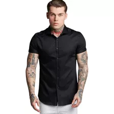 Camisa Social Lisa Masculina Manga Curta Slim De Botão