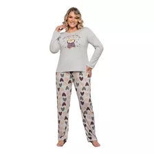 Pijama Plus Size Feminino Longo Estampa Corações Luna Cuore