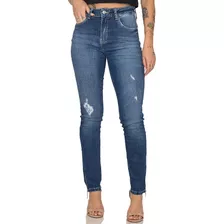 Calça Jeans Skinny Feminina Zíper Na Barra Desfiada Cós Alto