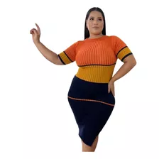 Vestido Plus Size Tricot Laranja Listrado Moda Evangelica