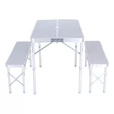 Mesa Plegable Aluminio Camping Con 2 Bancos Valija Maletin Color Plateado