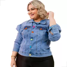 Jaqueta Jeans Plus Size Com Lycra Manga Princesa Botão Color