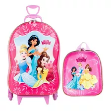 Kit Mochila 3d De Rodinhas + Lancheira Princesas Rosa Disney