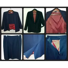 Traje Mujer Clasico Azul Oscuro Falda + Blazer Talle 42 Etam