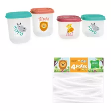 Kit 4 Potes De Plástico Animais Da Selva Papinha Infantil