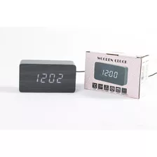 Reloj Despertador Con Fecha Y Temperatura Simil Madera Negro