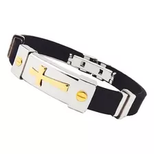 Pulseira Bracelete Aço Cruz Dourado Silicone Comprimento 21 Cm Cor Preto Diâmetro 1 Cm