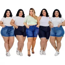 Kit 5 Short Jeans Feminino Atacado Plus Size Lycra Cós Alto