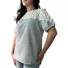 Blusa Casual Para Dama De Rayas Con Detalles De Encaje Moda