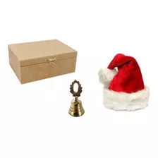 Chapéu Touca Gorro Papai Noel Luxo + Sino Bronze E Caixa Mdf