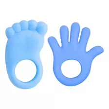 Kit Mordedor Mãozinha + Pezinho Furo Alivio Bebe Infantil Cor Azul