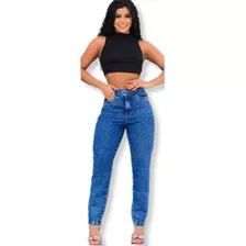 Calça Mom Strass Jeans Feminina Cintura Alta 100% Algodão 