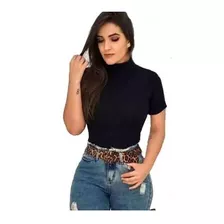 Blusa Feminina Canelada Manga Curta Gola Alta Inverno Frio