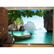 Papel De Parede 3d Paisagem Praia Mar Céu Canoa 10m² Npr20