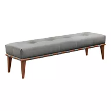 Recamier Puff Decorativo Madeira Maciça Luxo Linho Cinza