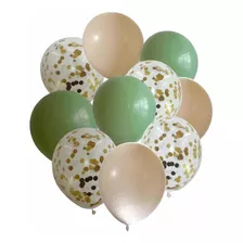 Set 10 Globos Retro Verde Olivo Nude Transparente Confetti