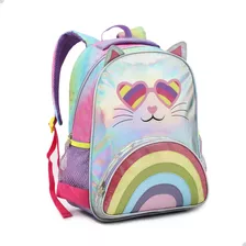 Mochila Infantil Gatinha Costas Menina Pequena Pre Escola Cor Rosa Desenho Do Tecido Gatinha Arco-íris