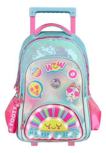 Mochila Escolar Carrito 18 Good Vibes Sunshine Luz Led Footy Color Celeste Diseño De La Tela Estampado