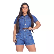 Conjunto Feminino Jeans Bolso Frontal Premium 100% Algodão