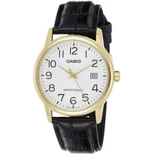 Reloj Pulsera Casio Enticer Mtp-v002 De Cuerpo Color Dorado, Analógico, Para Hombre, Fondo Blanco, Con Correa De Cuero Color Negro, Agujas Color Dorado, Dial Negro, Minutero/segundero Negro, Bisel Col