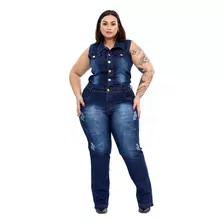 Macacão Longo Jardineira Jeans Feminina Regata Plus Size