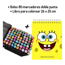 Pack 80 Marcadores 2puntas + Libro Para Colorear Bob Esponja