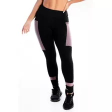 Calça Legging Fitness Academia Preta Detalhe Violeta E Bolso