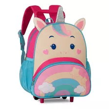 Mochila De Unicórnio Infantil Com Rodinhas Cor Rosa Desenho Do Tecido Liso