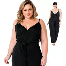 Macacão Plus Size Feminino Elegante Alças Finas Com Decote V