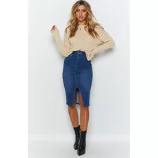 Falda Midi Jeans Mezclilla Con Abertura Moda Mujer