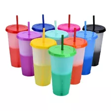 10 Vasos Reusables Con Popote Y Tapa 24oz Colores A Elegir