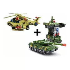 Kit Tanque Carr Vira Robô + Helicóptero Militar Anda Som Luz