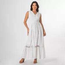 Vestido Longo Indiano Branco Lese Regata Decote V Algodão