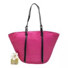 Bolsa Feminina Palha Praia Grande Sacola Grande Alça Couro Cor Pink