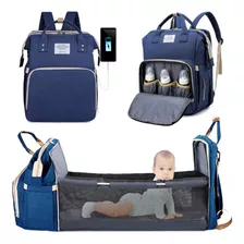 Bolsa Maternidade Mochila Vira Berço Bebê Menino Menina Usb Cor Azul-marinho Desenho Do Tecido Liso