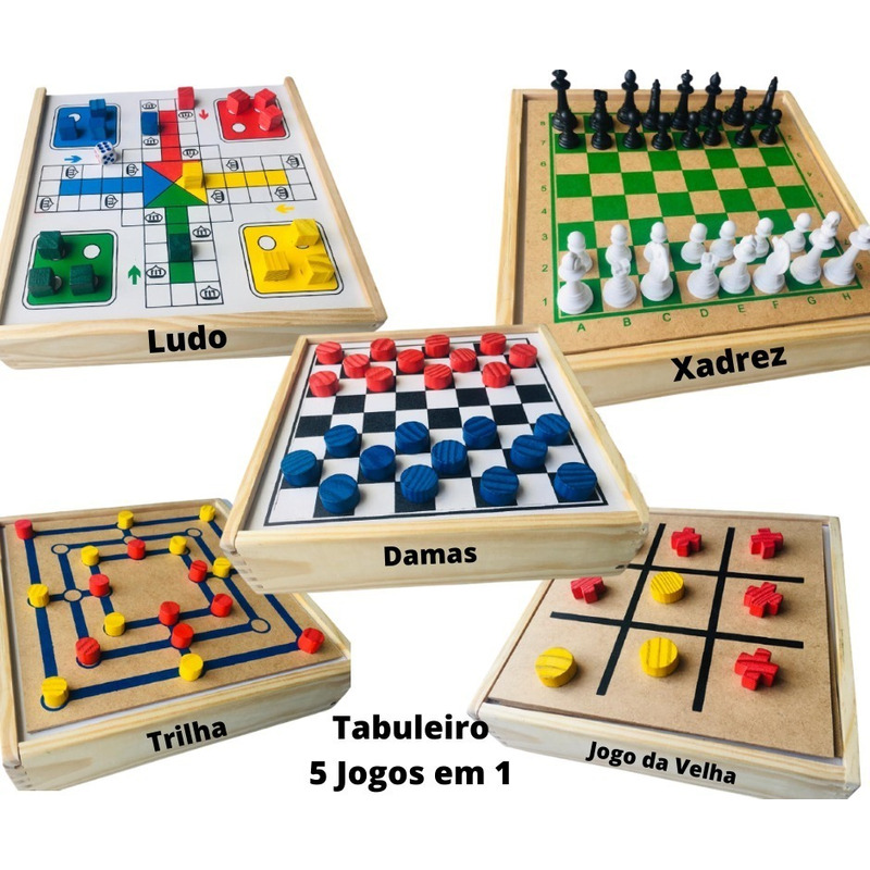 Jogo 6x1 Xadrez Damas Trilha Ludo Pega-Varetas Dominó Junges