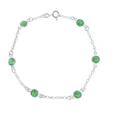 Pulseira Feminina Prata 925 Legítima Pedras Verde Esmeralda